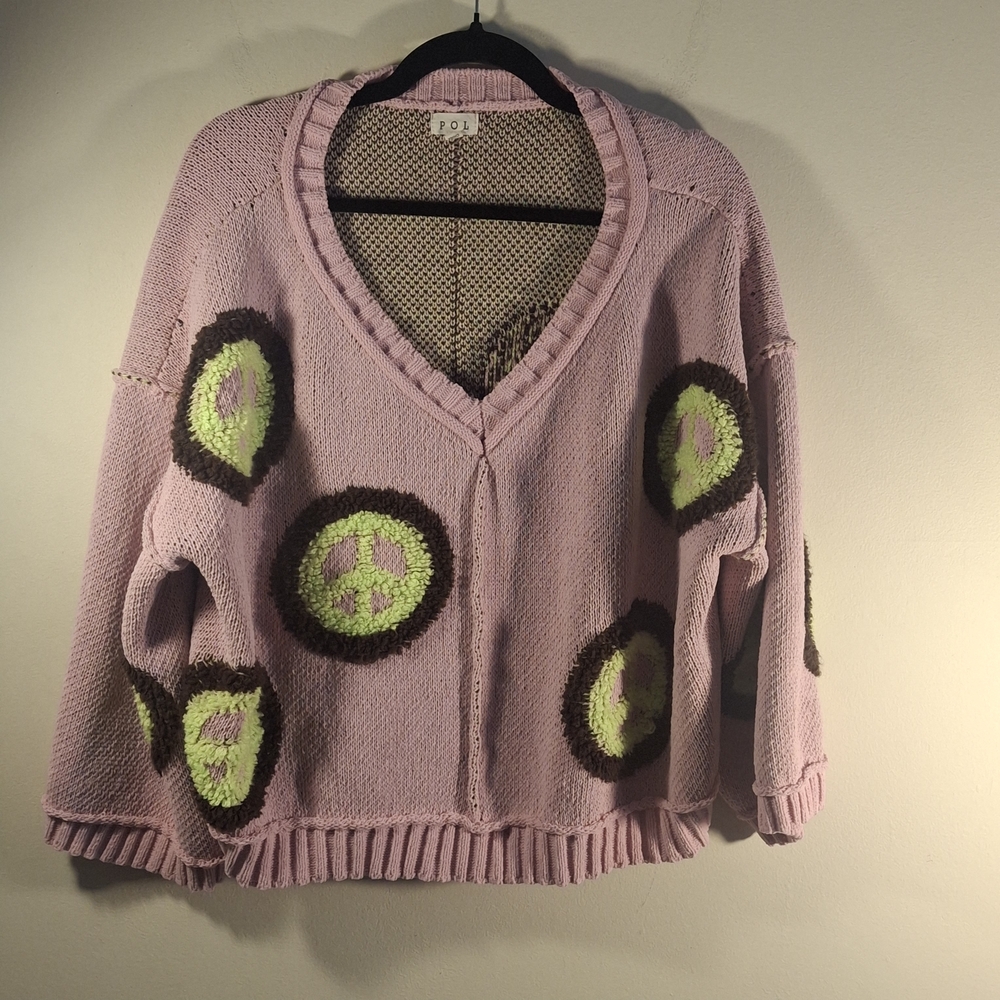 POL Womens Pink 3/4 Length Sleeve Oversized V-Neck Sweater w/ Peace Signs Size S